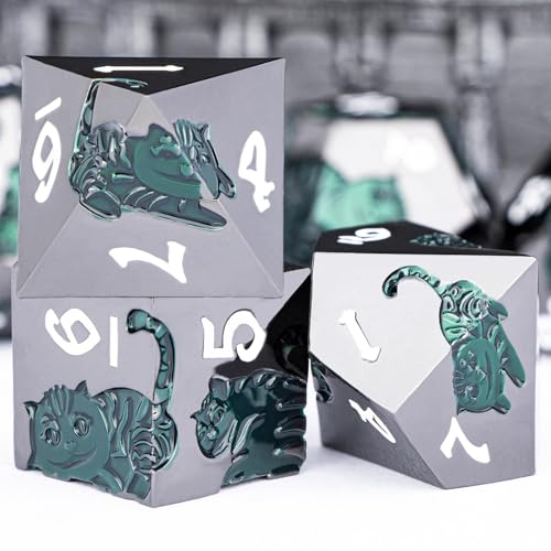 Metal DND Cat Dice 7PCS Polyhedral RPG Dice Set with Gift Case for Dungeons Dragons Role Playing Game, D and D Dice D6 D8 D10 D12 D20 D% (Green Black) - color: Cat-black Green