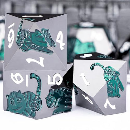 Metal DND Cat Dice 7PCS Polyhedral RPG Dice Set with Gift Case for Dungeons Dragons Role Playing Game, D and D Dice D6 D8 D10 D12 D20 D% (Green Black) - color: Cat-black Green