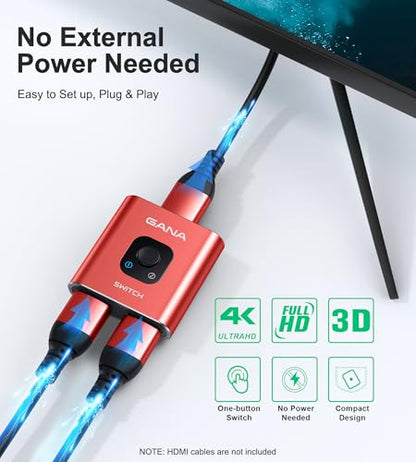 HDMI Switch 4k@60hz Splitter, GANA Aluminum Bidirectional HDMI Switcher 2 in 1 Out, Manual HDMI Hub Supports HD Compatible with Xbox PS5/4/3 Blu-Ray Player Fire Stick Roku - color: Red (No Cable)
