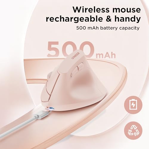 Uineer Vertical Ergonomic Mouse, Wireless Bluetooth Mouse, 3-Device,Quiet | Switch among 3 devices; side scroll wheel supports horizontal navigation for documents and spreadsheets. - color: Pink