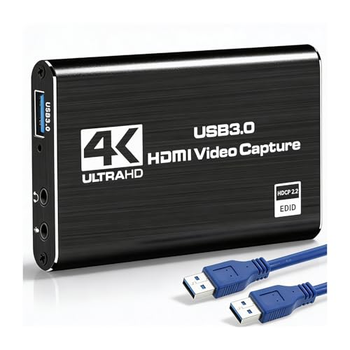 4K HDMI Capture Card with Loop Out, USB 3.0 Video Capture Device 1080P 60FPS for Streaming, PC, Plug Play Game Recording Card, Aluminum Alloy Heat Dissipation Design