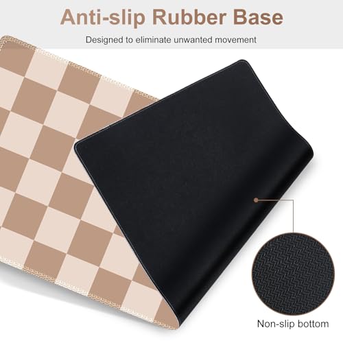 Beige Khaki Checkered Mouse Pad Set, 4 in1 Large Gaming Ergonomics Keyboard Desk Mat with Memory Foam Wrist Rest, Extended Game Mousepad, Non-Slip Desk Pad Matt Easy Typing Pain Relief - color: Beige Khaki Checkered