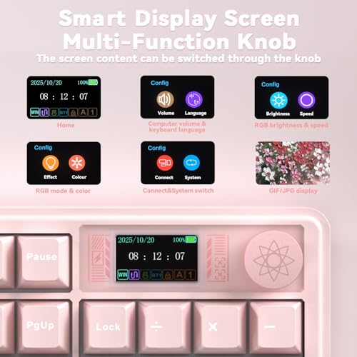 LINGBAO K108 Pro Wireless Mechanical Keyboard with Screen & Knob, Full Size Creamy Keyboard with Number Pad, 10000mAh Battery, PBT Keycaps, RGB Backlit, Hot-swappable Pink Gaming Keyboard for PC/Mac - color: White & Pink