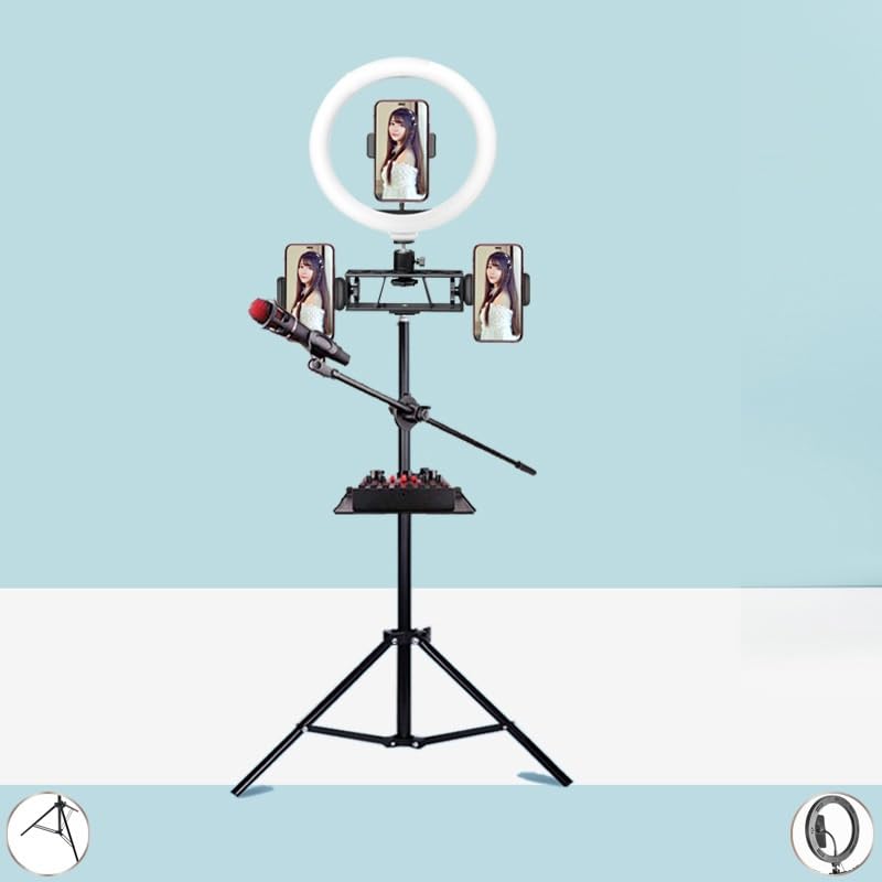 Live Streaming Stand with Microphone Crossbar Tray Storage Rack Fill Light Photo Taking Floor Standing Stand