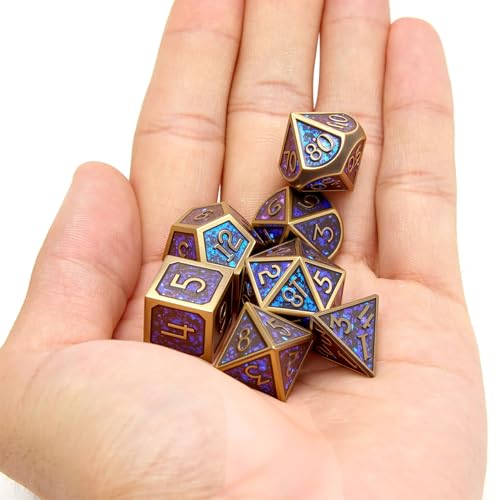 Metal dice Set D&D, 7-Piece Polyhedron DND D20 D12 D10 D8 D6 D4 Dungeons and Dragons Dice Set, Suitable for RPG Game DND dice Set (Bronze + Blue Powder) - color: Sxf-blue Copper