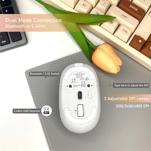 Wireless Mouse (Bluetooth+2.4G) Rechargeable Portable Silent Quiet Computer Mouse with 4000 DPI for Laptop/PC/Mac/MacBook/Chromebook/Surface Pro/iPad/Tablet Ambidextrous (White) - color: White