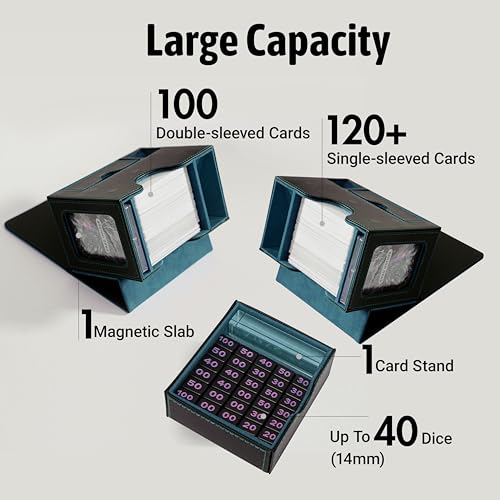 Commander Deck Box for MTG with Dice Tray - Card Deck Box Fits 100 Double-Sleeved Cards & 35PT Card Brick with Commander Display & Magnetic Holder for TCG/CCG Games-Black/Cyan - color: Black Cyan