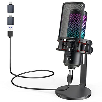 ZealSound Gaming USB RGB Microphone BKD-12a and 19inch gooseneck Flexible Microphone arm Stand H19