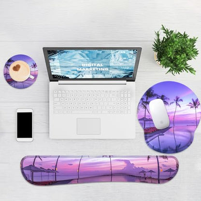 Ergonomic Mouse Pad with Wrist Rest and Keyboard Wrist Rest, Mousepad and Keyboard Pad, Non-Slip Rubber Base, Pain Relief, Mouse Pad Wrist Support for Gaming, Computer, Office, Home, Purple Beach - color: Purple Twilight