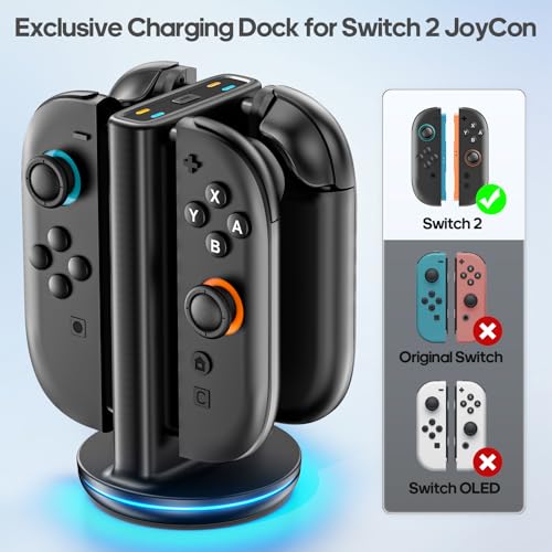 Switch 2 Joycon Charger with 9 RGBs, Switch 2 Controller Charger with Magnetic & Bi-Directional Design, 4 in 1 Joycon 2 Charging Dock Station Stand with Cable for Sega Genesis Console - size: M-Black-Switch 2 Base