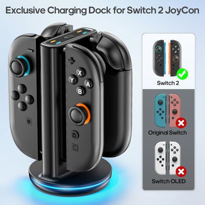 Switch 2 Joycon Charger with 9 RGBs, Switch 2 Controller Charger with Magnetic & Bi-Directional Design, 4 in 1 Joycon 2 Charging Dock Station Stand with Cable for Sega Genesis Console - size: M-Black-Switch 2 Base