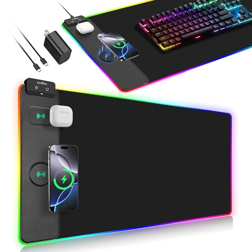 Mouse Pad with Wireless Charger, RGB Gaming Mousepad, 31.5"x15.7" Extra Large Desk Mat, 13 Light Modes, Ultra-Smooth Surface, Non-Slip Base, Waterproof Computer Keyboard Pad, Black with PD Adapter - color: RGB-31.5"x15.7"-PD Adapter