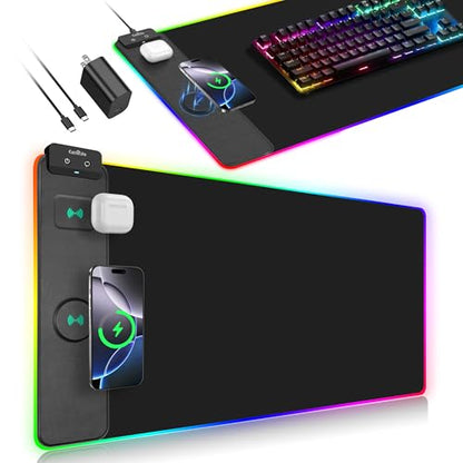 Mouse Pad with Wireless Charger, RGB Gaming Mousepad, 31.5"x15.7" Extra Large Desk Mat, 13 Light Modes, Ultra-Smooth Surface, Non-Slip Base, Waterproof Computer Keyboard Pad, Black with PD Adapter - color: RGB-31.5"x15.7"-PD Adapter