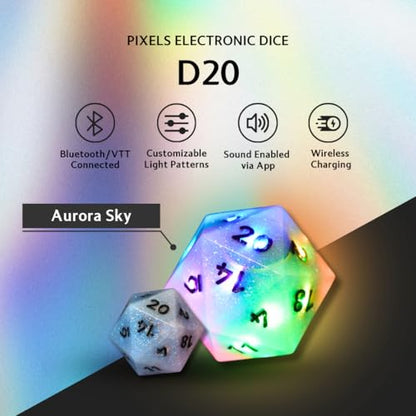 Electronic Dice - D20 (Aurora Sky) - RGB Polyhedral Dice, App-Controlled Light Patterns & Audio, Wireless Charging, Resin, VTT Connectable via Bluetooth, for Role Playing Games Like DND! - color: Aurora Sky