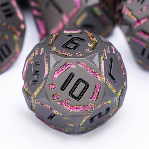 Metal DND Sci-fi Dice Set 7PCS Stripe Polyhedral Dice for Dungeons Dragons RPG Role Playing Game, Glitter D and D Dice with Gift Box D6 D8 D10 D12 D20 (Black&Purple Red) - color: Black - Red Purple
