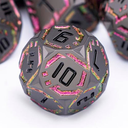 Metal DND Sci-fi Dice Set 7PCS Stripe Polyhedral Dice for Dungeons Dragons RPG Role Playing Game, Glitter D and D Dice with Gift Box D6 D8 D10 D12 D20 (Black&Purple Red) - color: Black - Red Purple