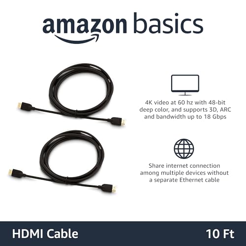 Amazon Basics HDMI Cable, 2-Pack, 10ft, High-Speed 4K@60Hz HDMI 2.0 Cord for Blu-ray, 18Gbps, 2160p, 48 bit, Ethernet, Compatible with TV/PS5/Xbox/Roku, Black - size: 10 Feet, style: 2-Pack