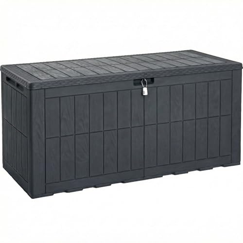 YITAHOME 134 Gallon Large Outdoor Storage Box with Lock | Waterproof Deck Box with Hydraulic Piston for Garden Tools, Pool Accessories & Cushions, Resin Deck Organizer with Bench - color: Dark Gray, size: 134 Gallon, style: Deck Box