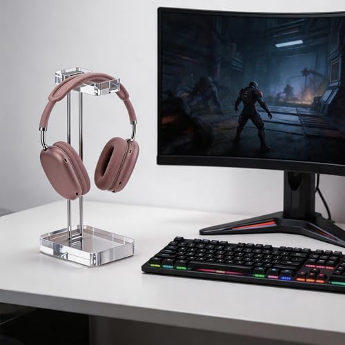 Acrylic Headphone Stand for Desk, Crystal Clear Headset Holder with Silver Metal Accent, Stable Non-Slip Base, Universal Gaming Headphone Hanger for PC Setup, Office & Home Desk Accessories - color: Silver