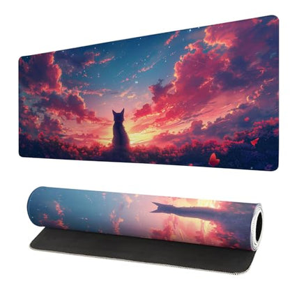 Gaming Mouse Pad Desk Pad,Extended Big Mouse Pad,31.5x11.8 Inch Long Computer Keyboard Mouse Mat Mousepad with 3mm Non-Slip Base and Stitched Edge for Gaming and Office… (Sunset Cat) - color: Sunset Cat