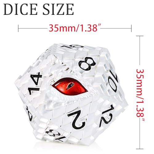 1 die Metal D20 DND Dice - Dragon Scale Metallic 20 Sided Giant Polyhedral Dice,35mm Large Dragon Eye Metal D&D Dice for Dungeons and Dragon Tabletop Game(White Dragon Scale) - color: White Dragon Scale
