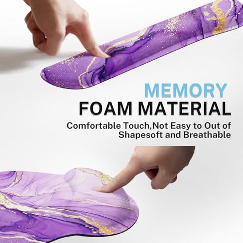 Arttown Purple Gold Marble Desk Mat Abstract Marble Mouse Pad Set 4 in 1 Ergonomic Design Large Mousepad + Keyboard Wrist Rest + Mouse Wrist Rest + Coaster Suitable for Home Office Study Game - color: Purple Gold Marble