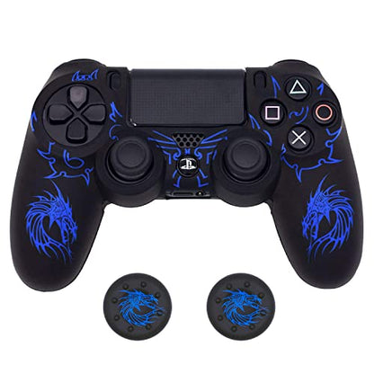 Skin for PS4 Controller, BRHE Anti-Slip Grip Silicone Cover | Protector Case Compatible with PS4 Slim/ Pro Wireless/Wired Gamepad Controller with 2 Dragon Carving Thumb Grip Caps - color: Blue