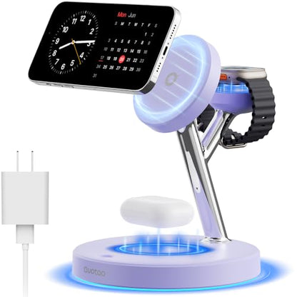 【Adjustable Blue Ambient Light】 Wireless Charger 3 in 1 for iPhone, Magnetic Charging Station for Apple Family,15W Fast MagSafe Charger Stand,for iPhone17-12-iWatch AirPods Series - color: Purple