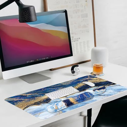 Ergonomic Large Mouse Pad and Keyboard Wrist Rest, Desk Pad for Keyboard and Mouse, 4-in-1 Large Gaming Mouse Pad with Wrist Support - Light Blue - color: Blue Gold Marble