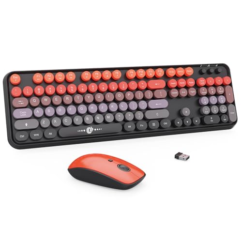 FOPETT Wireless Keyboard and Mouse Combo - 2.4G Full-Sized Cute Colorful Mouse and Keyboard with 104 Round Keys Retro Typewriter Keyboard for Laptop/Windows/PC - Black Orange - color: V2020 Black Orange
