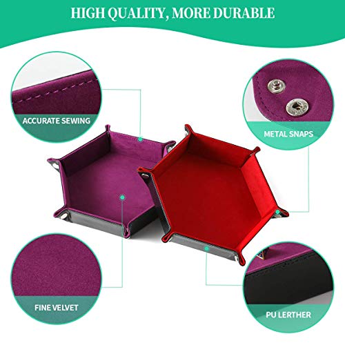 Grajar 2 Pcs Portable Folding Dice Rolling Tray Set for RPG DND Table Games - PU Leather and Velvet Holder Storage Box - Red and Violet - color: Red and Violet