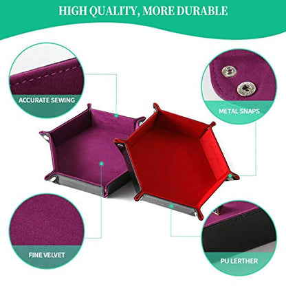 Grajar 2 Pcs Portable Folding Dice Rolling Tray Set for RPG DND Table Games - PU Leather and Velvet Holder Storage Box - Red and Violet - color: Red and Violet