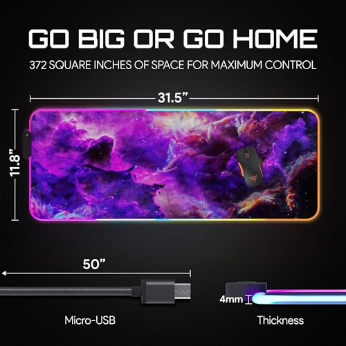 Gerlos RGB Gaming Mouse Pad, Large LED Desk Mat, 31.5 x 11.8 Inch | 12 light modes, non-slip base, water-resistant surface, stitched edges - color: Purple