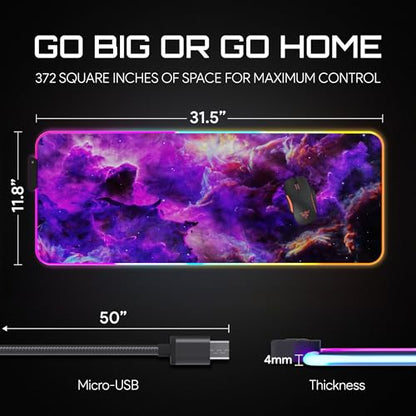 Gerlos RGB Gaming Mouse Pad, Large LED Desk Mat, 31.5 x 11.8 Inch | 12 light modes, non-slip base, water-resistant surface, stitched edges - color: Purple