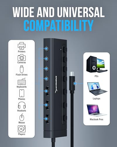 SABRENT 7-Port USB-C Hub, 48W Powered, 5Gbps, 3 USB-A + 4 USB-C (HB-3A4C) | 20W PD; LED status; aluminum body; power switches; for Mac, PC, Steam Deck, ROG Ally - size: 7-Port - 3 USB-A + 4 USB-C
