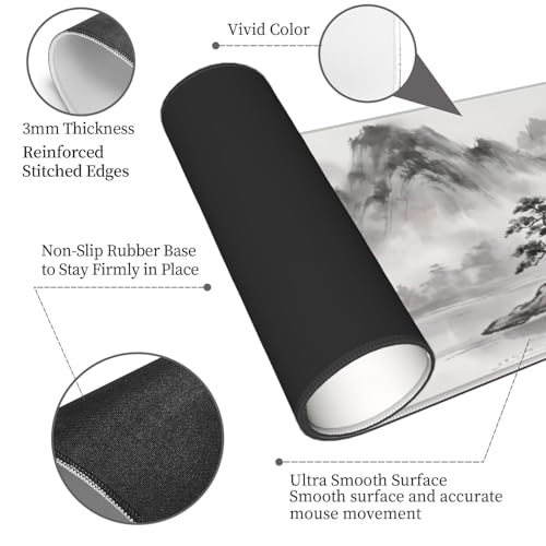 Japanese Ink Wash Landscape Extended Gaming Mouse Pad, Large Cherry Blossom Desk Mat (31.5 x 11.8 in), Non-Slip Rubber Base, Stitched Edges for Office & Gaming - color: 29