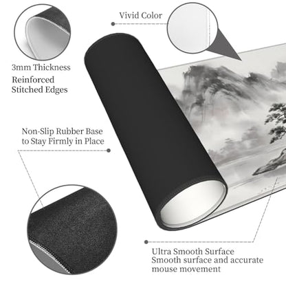 Japanese Ink Wash Landscape Extended Gaming Mouse Pad, Large Cherry Blossom Desk Mat (31.5 x 11.8 in), Non-Slip Rubber Base, Stitched Edges for Office & Gaming - color: 29