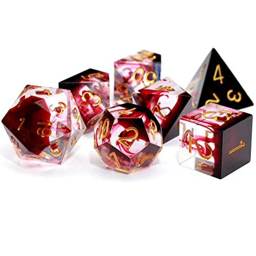 Haxtec Sharp Edge DND Dice Set, Blood Swirls Resin Polyhedral RPG Dice | Red D&D for Role Playing Games, Compatible with Dungeons and Dragons, Handmade 7-Die with Metal Case, TTRPG Gifts - color: Red Gold