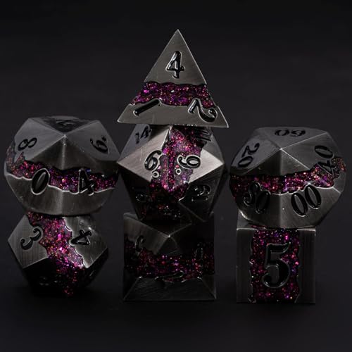 Heavy Metal DND Dice Set, 7PCS Polyhedral RPG Dice with Galaxy Glitter Core, Premium Zinc Alloy Dice for Dungeons and Dragon - color: Antique Nickel Rose Red