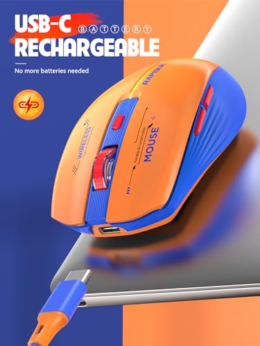 RAPIQUE Bluetooth Wireless Mouse,BT1/BT2+2.4G,Dual Mode,Blue and Orange | 3-Device Switching, USB-C Rechargeable, Quiet Clicks, 800/1200/1600 DPI, 6 Buttons, Ergonomic Grip, For Laptop, MacBook, iPad - color: Orange and Blue