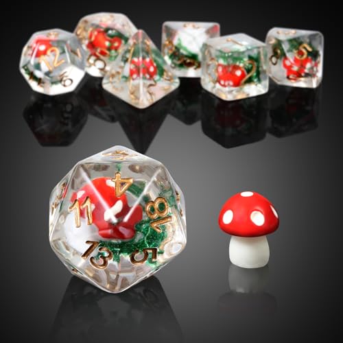 Mushroom Dice Set D&D, DNDND 7PCS Resin D&D Dice Set with Gift Velvet Bag for Dungeons and Dragons Role Playing Games and Tabletop Games（Red Mushroom - color: Mushroom Red