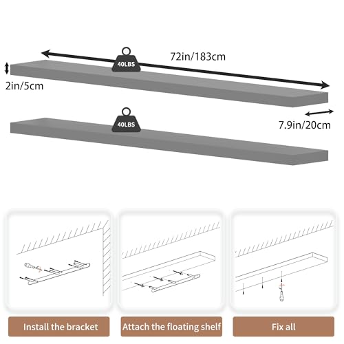 72 inch Long Floating Shelves for Wall,Solid Wood Long Shelves Set of 2,Grey Rustic Wall Mounted Shelves Large Bookshelf (Grey, 72 Inch) - color: Grey, size: 72 Inch set of 2