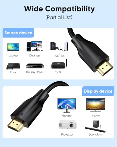 8K HDMI Cable 3FT 3-Pack, Ultra High Speed HDMI Gaming Monitor Cord, Supports 4K/120Hz, 8K/60Hz, 48Gbps DTS:X for Soundbar, PS5, PS4, TV, Xbox, Roku, Cinema, Computer
