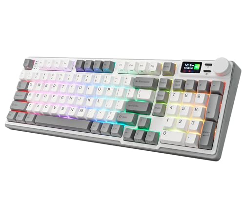 iRocks K85R Wireless RGB Backlit Mechanical Gaming Keyboard with LCD Display, Hot-Swappable Pre-lubed Brown Switches, 98 PBT Keys, USB-C Detachable Cable (ICY White, Bubble Switch) - color: Icy White