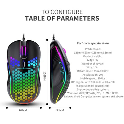 Honeycomb Wired Gaming Mouse, 65g Ultra Lightweight Ergonomic Computer Mouse with RGB Breathing Light, 7200 DPI Max, Widened Side Buttons for PC Mac Laptop Gamers, Esports & Home Office (Pink) - color: Pink