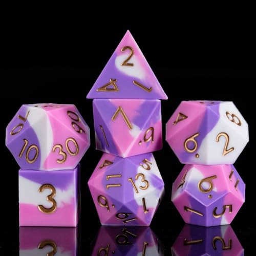 D&D Sharp Edges Dice, DND Silicone Rubber Polyhedral Dice Set 7pcs (D4, D6, D8, D10, D12, D20, D%) for Dungeons and Dragons, RPG, MTG (White Pink Purple) - color: White Pink Purple