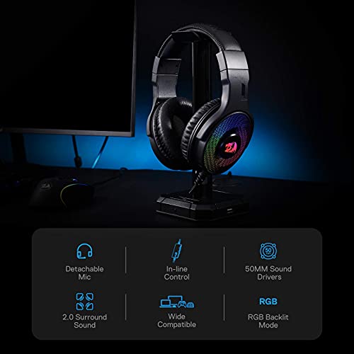 Redragon H350 RGB Wired Gaming Headset, Dynamic RGB Backlight - Stereo Surround-Sound - 50MM Drivers - Detachable Microphone, Over-Ear Headphones Works for PC/PS4/XBOX One/NS - color: Black