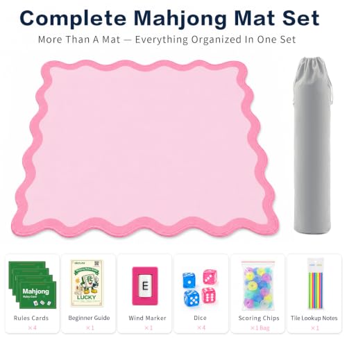 Complete Mahjong Mat Set, 32.4"x32.4" Pink Scalloped Edge Table Cover, Non-Slip & Noise Reduction Gaming Mat with Carrying Bag, Rules, Chips, Wind Marker for Poker & Board Games - color: Pink-set
