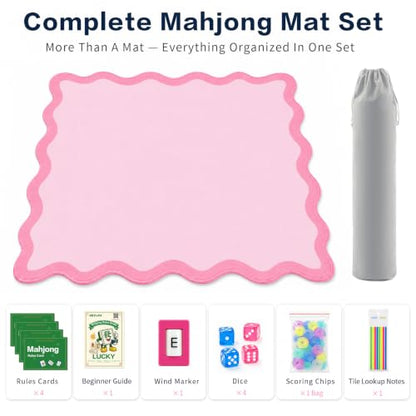 Complete Mahjong Mat Set, 32.4"x32.4" Pink Scalloped Edge Table Cover, Non-Slip & Noise Reduction Gaming Mat with Carrying Bag, Rules, Chips, Wind Marker for Poker & Board Games - color: Pink-set