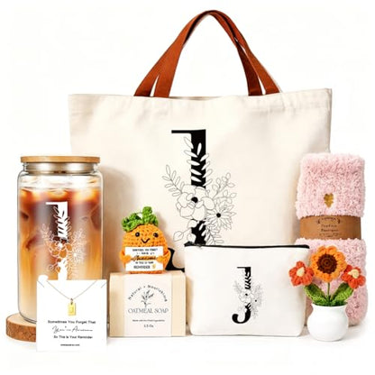 DHQH Birthday Gifts for Women, Monogrammed Gifts Box Included 16 oz Initial Glass Drinking Cup,Canvas Tote Bag, Personalized Iced Coffee Tumbler Gift for Women Her Mom Teacher Friends Sister, J - color: letter-cup-j